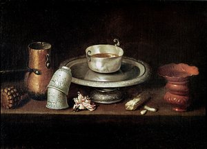 Stilleben med en skål sjokolade, eller frokost med sjokolade, ca. 1640